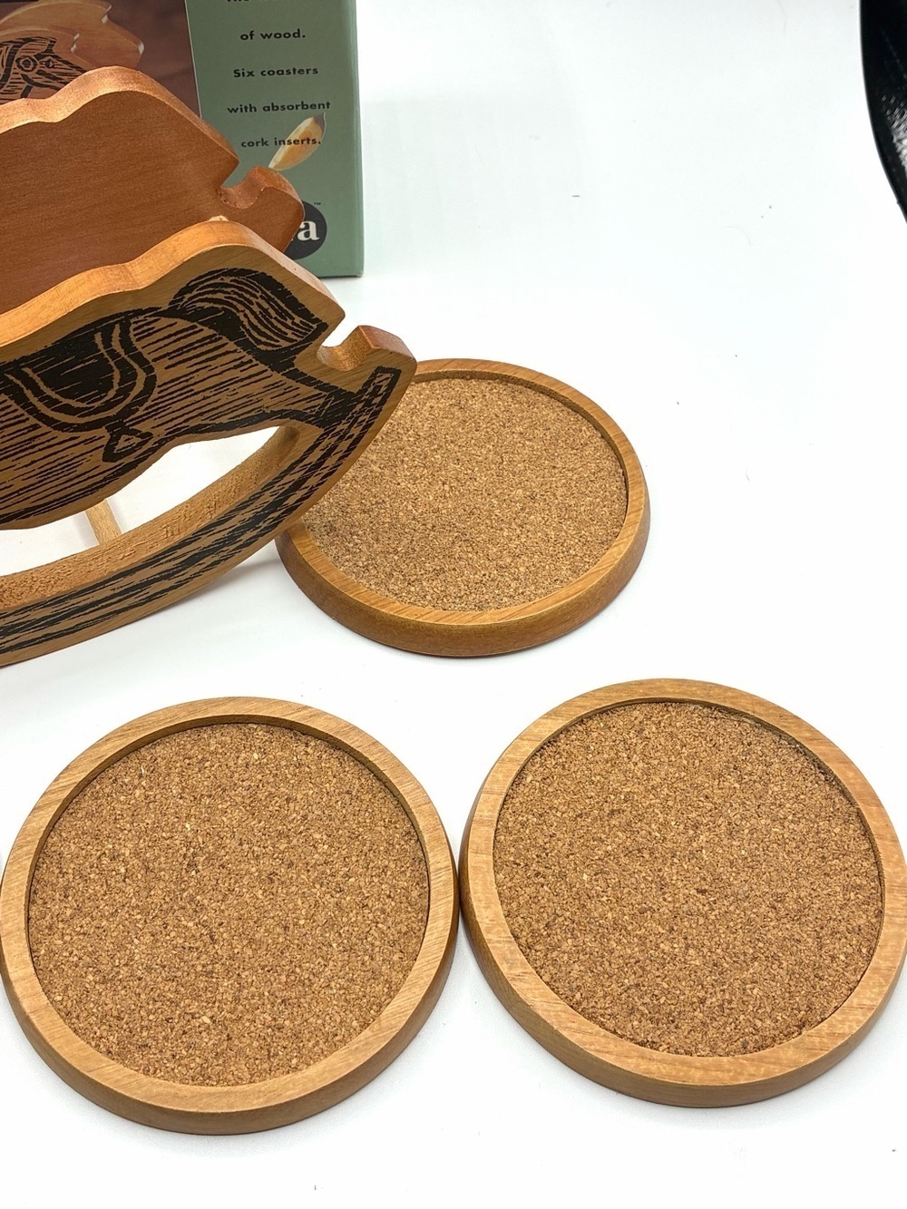 Vintage Via Eclectic Kitchen Rocking Horse Wood Coaster Set Cork 6pc - Picture 9 of 15